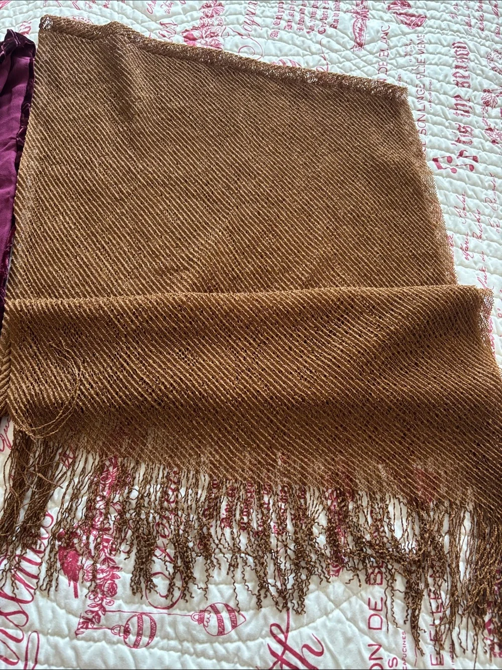 Vintage Wraps/Scarf Bundle: Burgundy Velvet Fringe/Feather & Copper Fringe Wrap